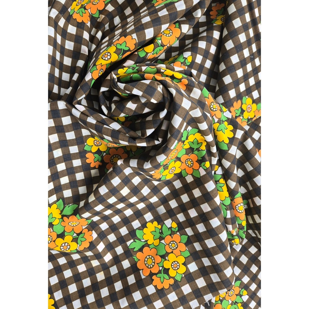Vtg 70s Floral Gingham Cotton Fabric Brown Orange Yellow Retro Daisy Cottagecore